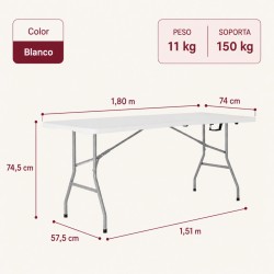 MESA PLEGABLE GARDEN LIFE 1.80 MTS. PVC VALIJA BLANCA