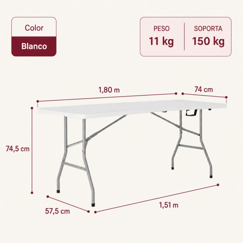 MESA PLEGABLE GARDEN LIFE 1.80 MTS. PVC VALIJA BLANCA